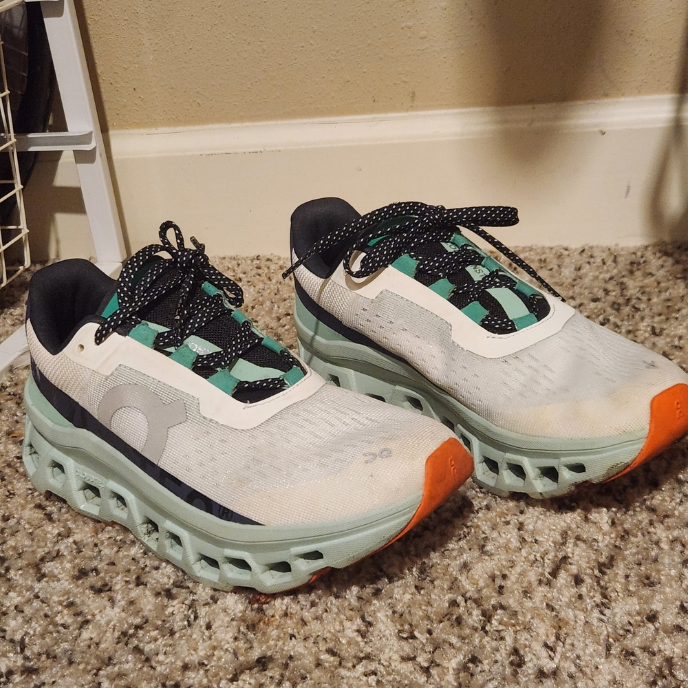 On Cloudmonster Running Women's Sneakers - White and Green